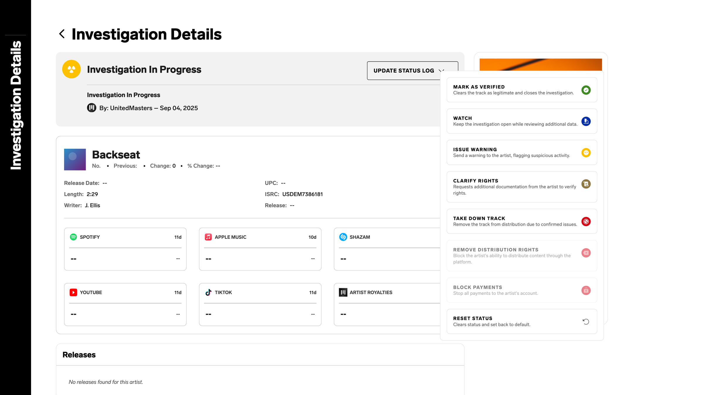 Update status menu listing verify, watch, issue warning, clarify rights, take down track, remove distribution rights, block payments and reset