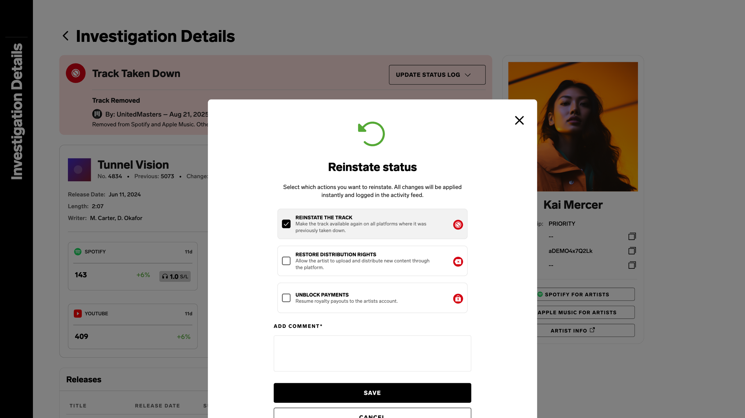 Reinstate status dialog with separate checkboxes for reinstating the track, restoring distribution rights and unblocking payments