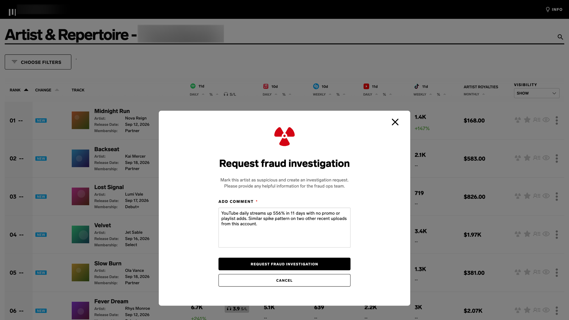 Request fraud investigation dialog with a required comment field