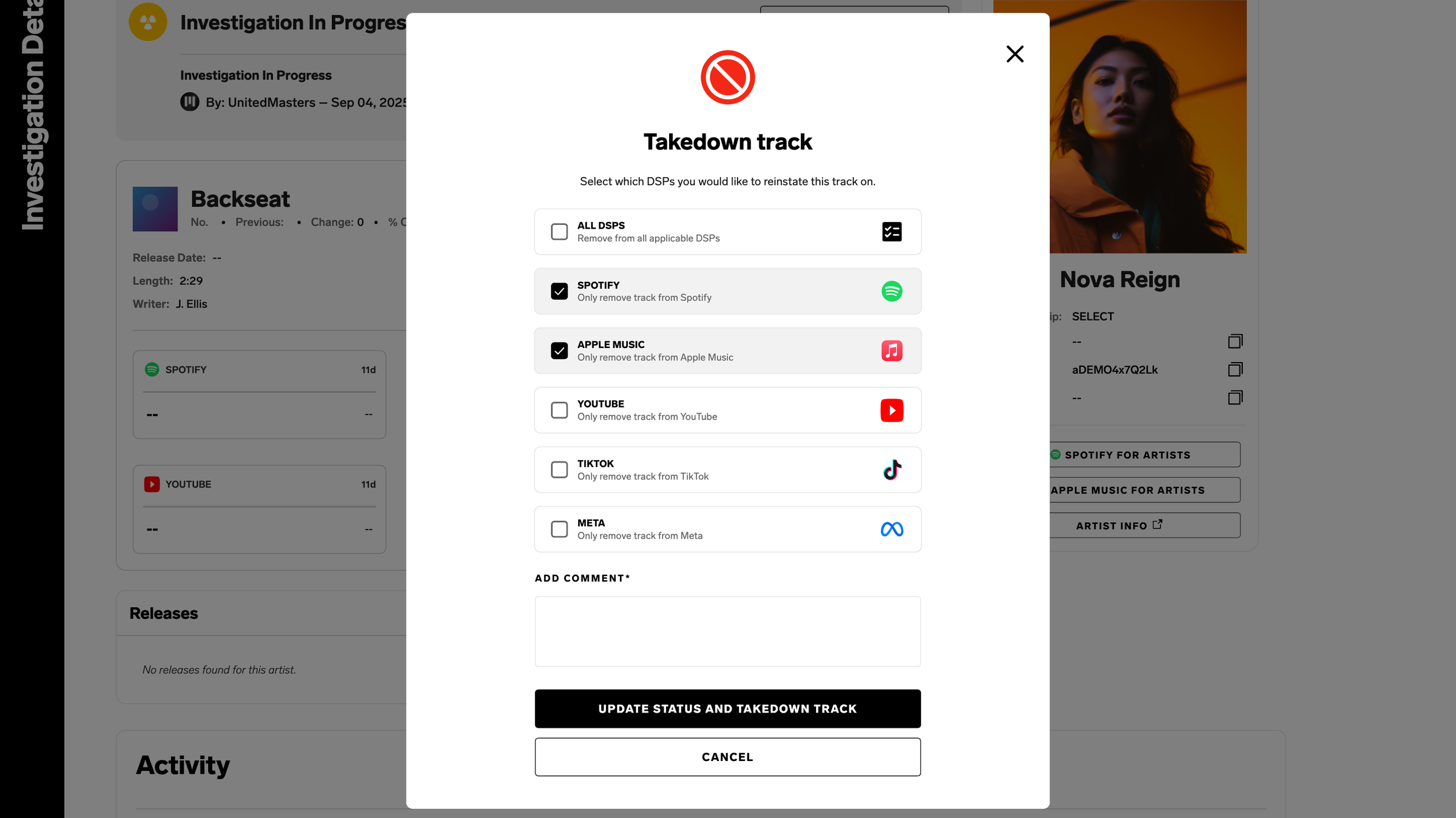 Takedown dialog with Spotify and Apple Music selected and other stores unchecked