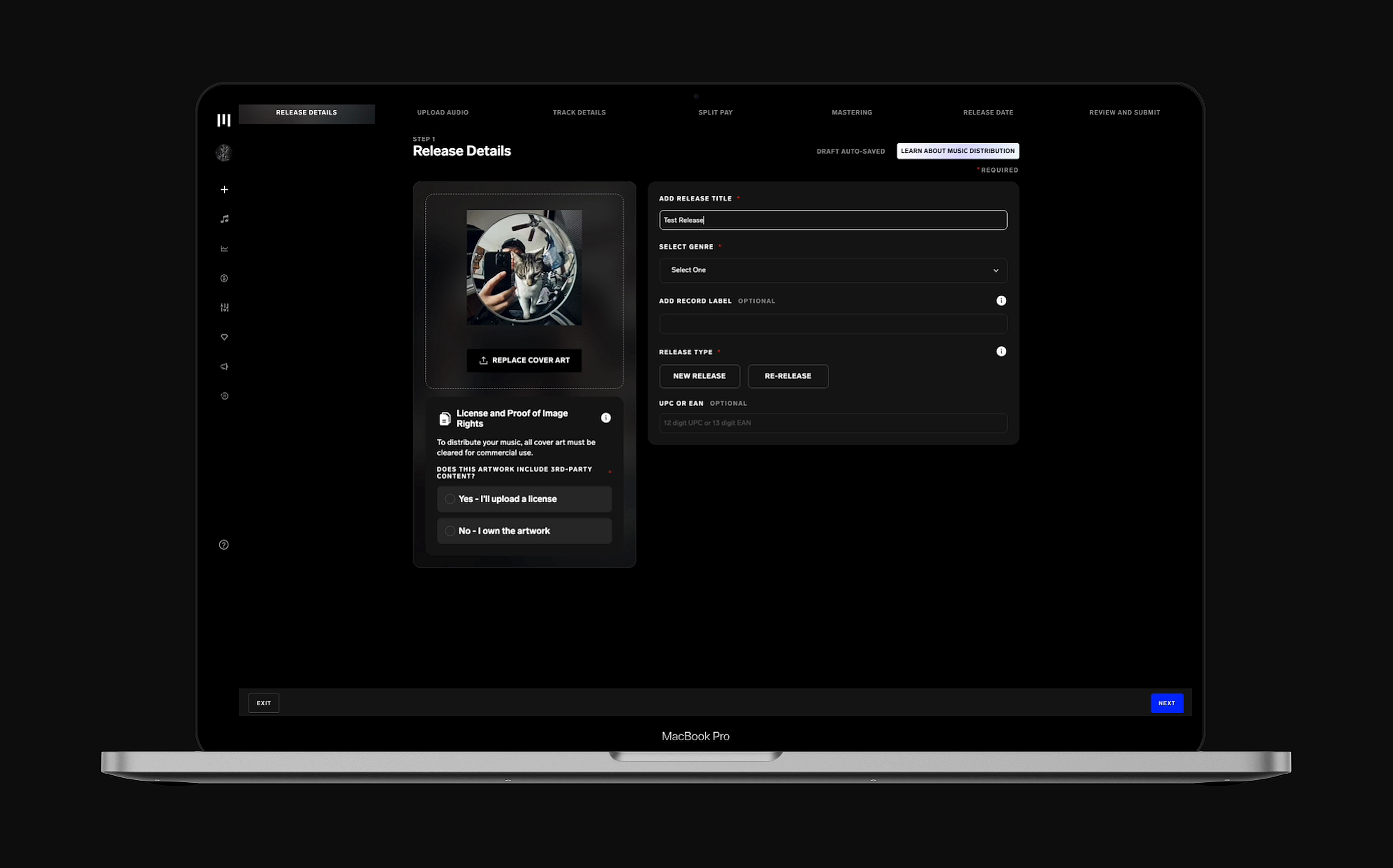 Redesigned release details step with cover art uploaded, auto-saved draft, and structured form fields