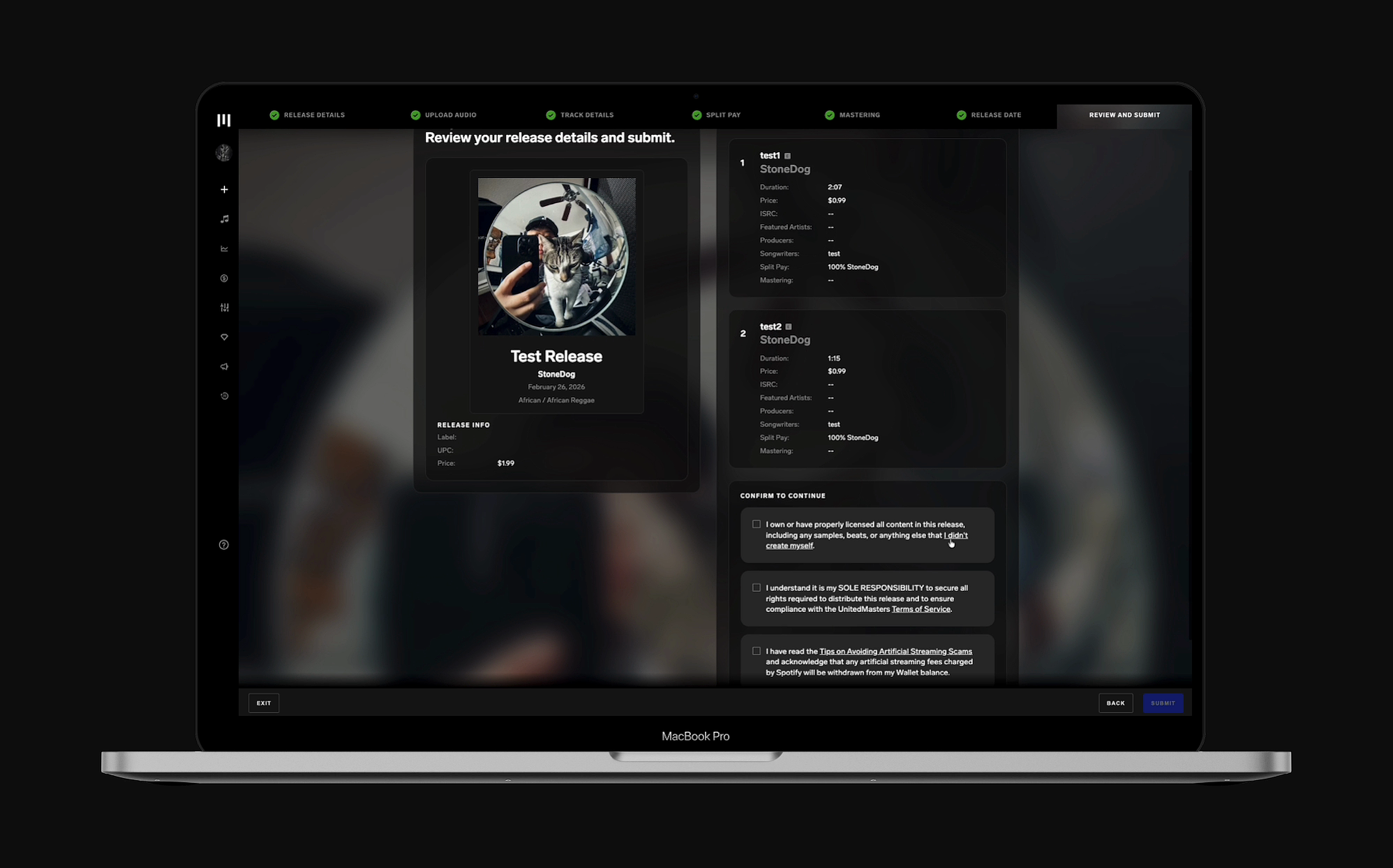 Review and submit step showing complete release summary with tracks, terms confirmation checkboxes