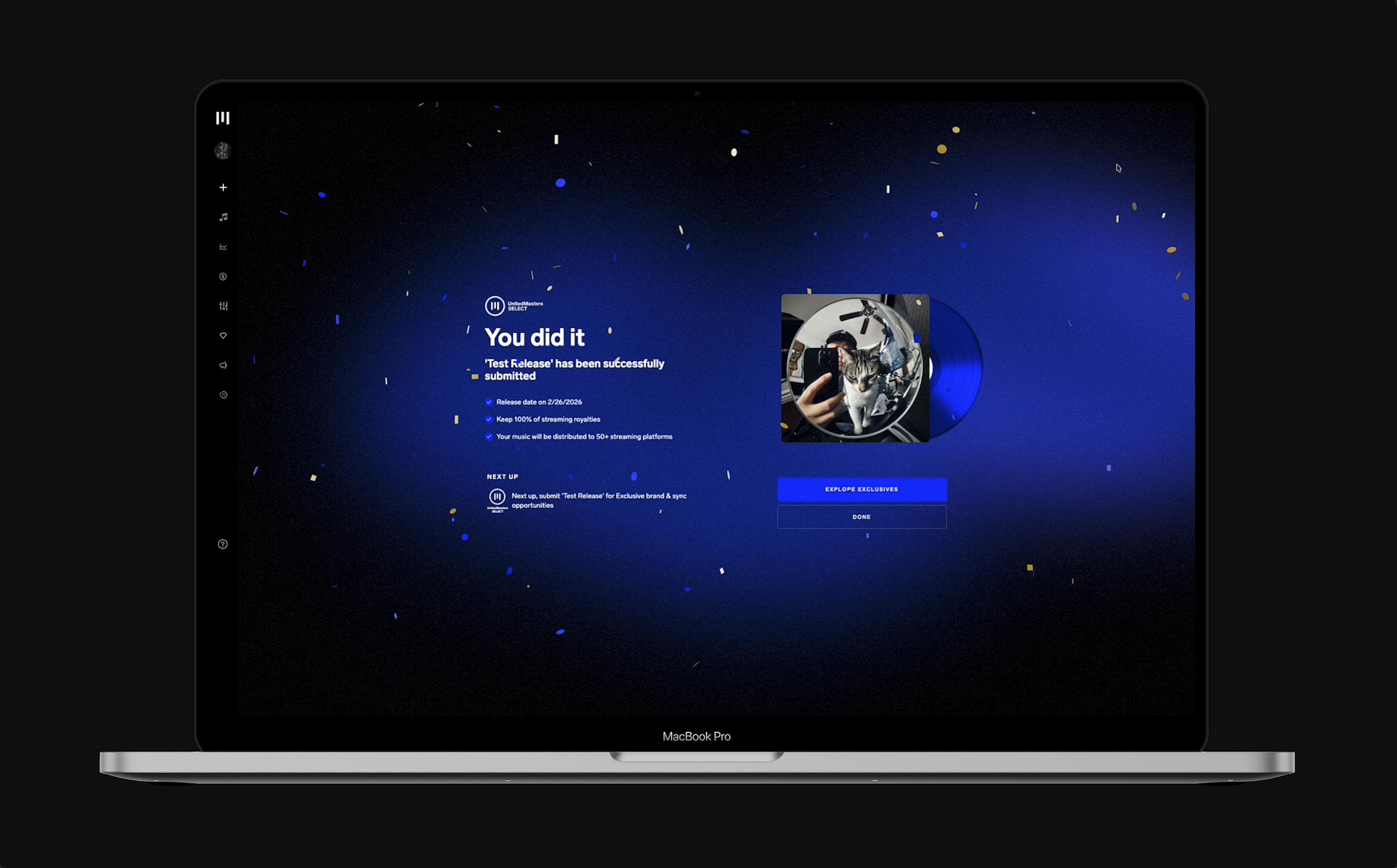Success celebration screen with confetti showing release submitted confirmation and next steps