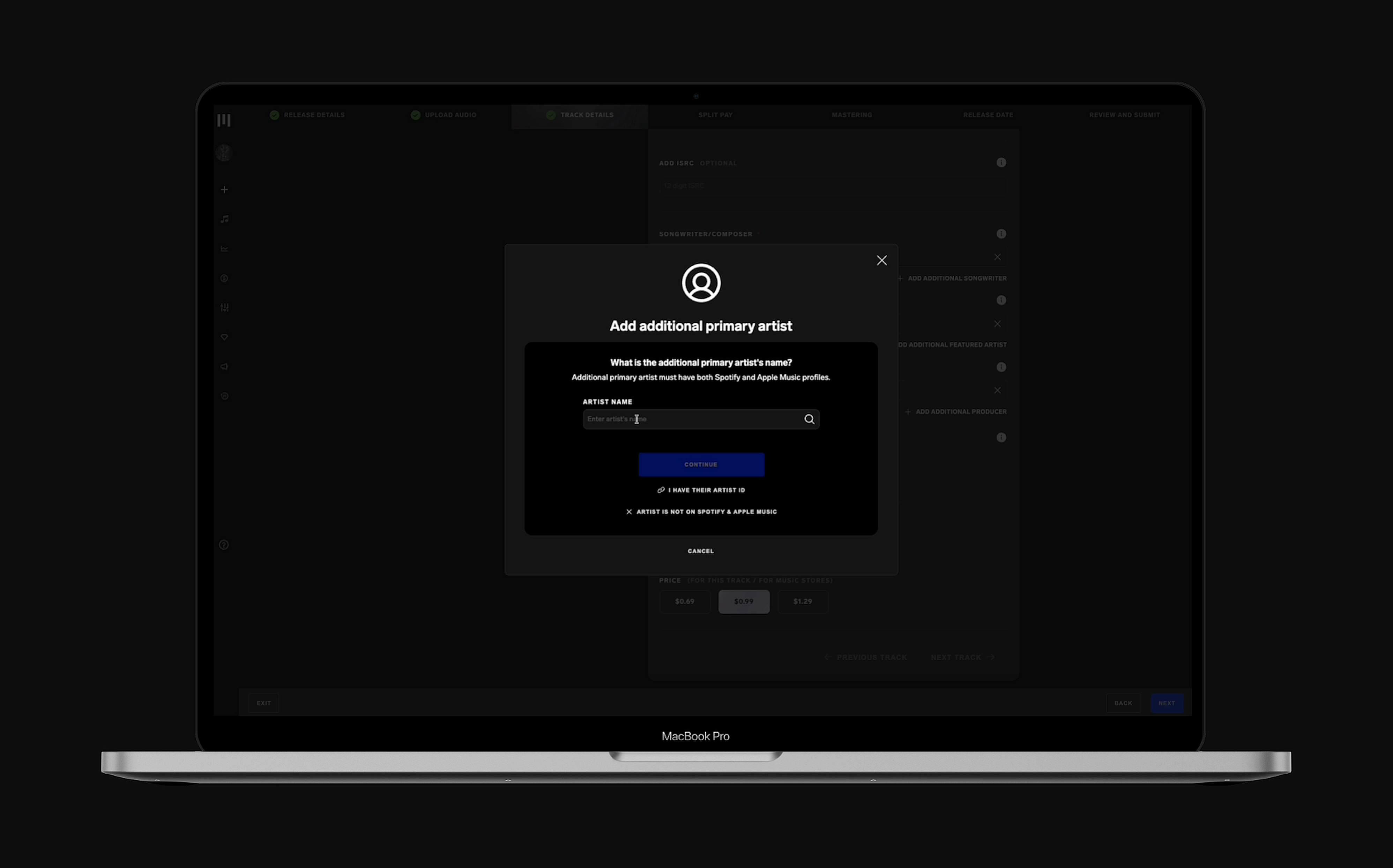 Add additional primary artist modal with empty search field
