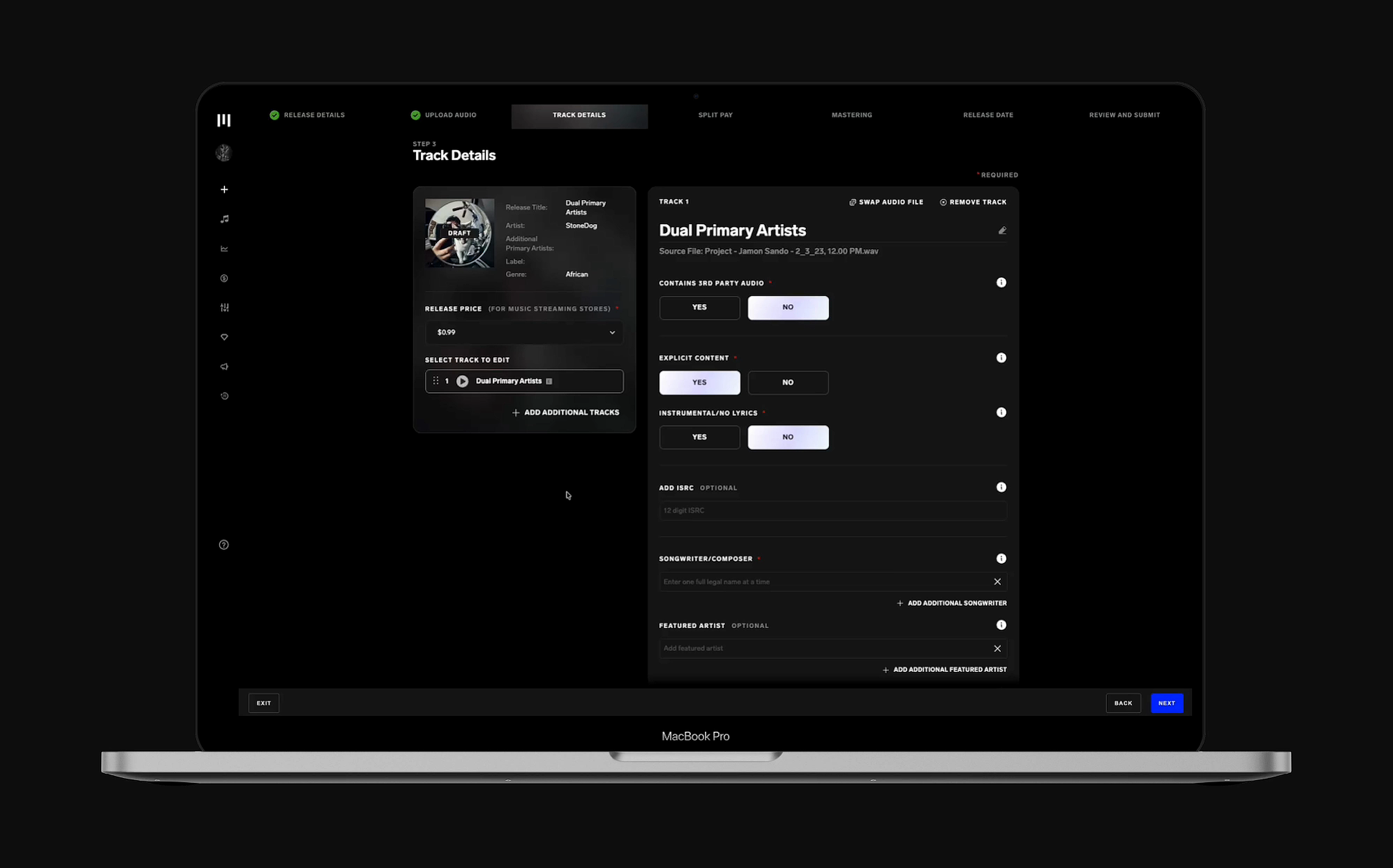 Track details page showing release metadata and single primary artist flow