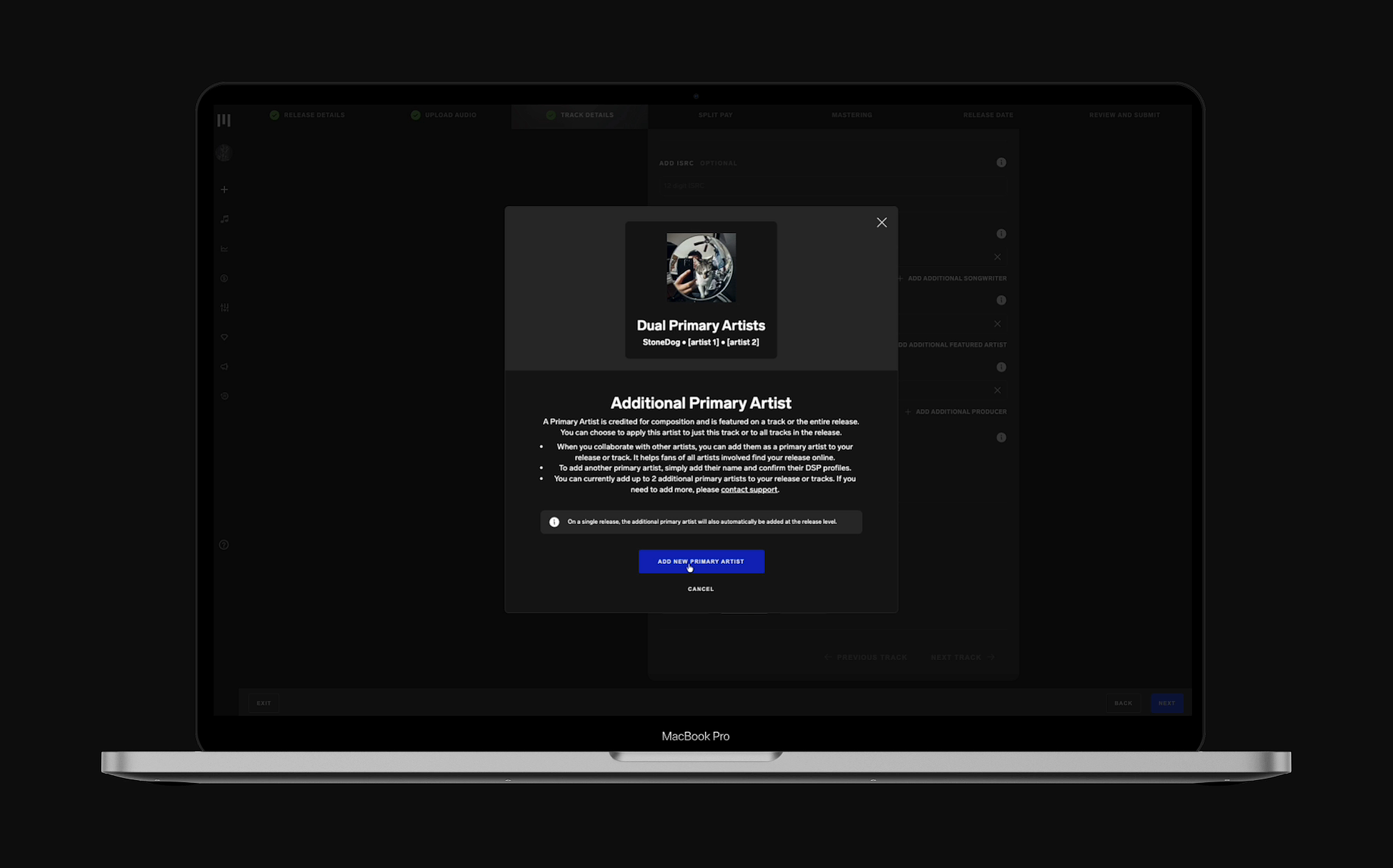 Additional Primary Artist feature explanation modal describing role rules