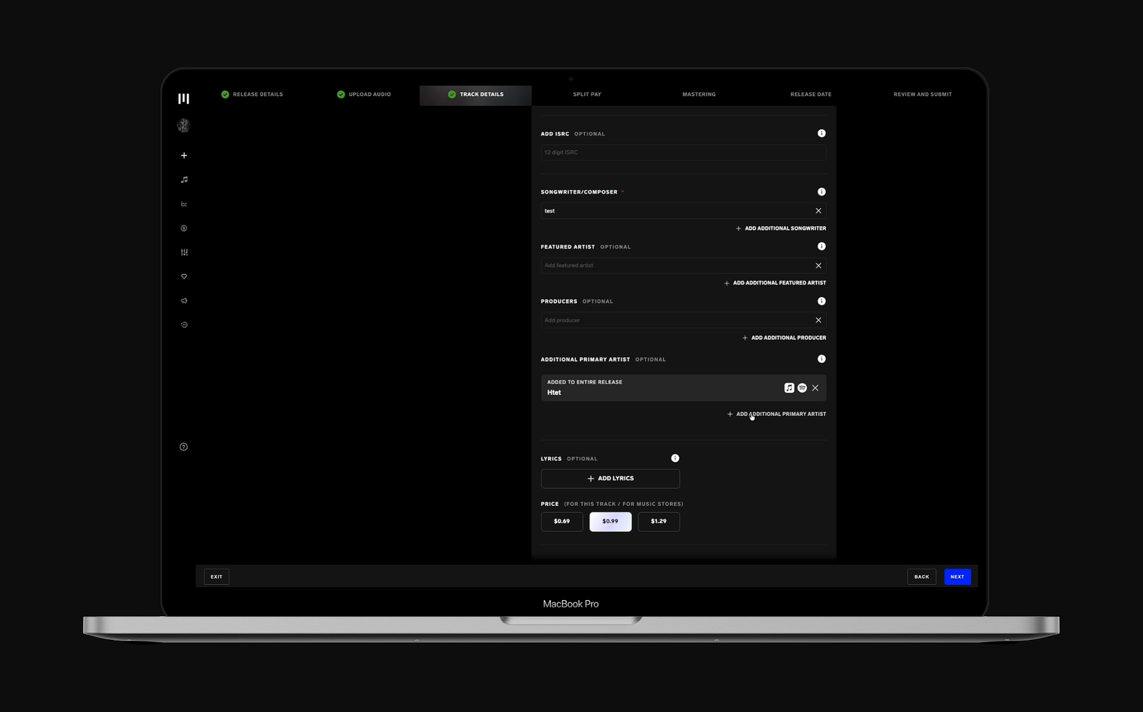 Track details with Htet added as additional primary artist with platform icons
