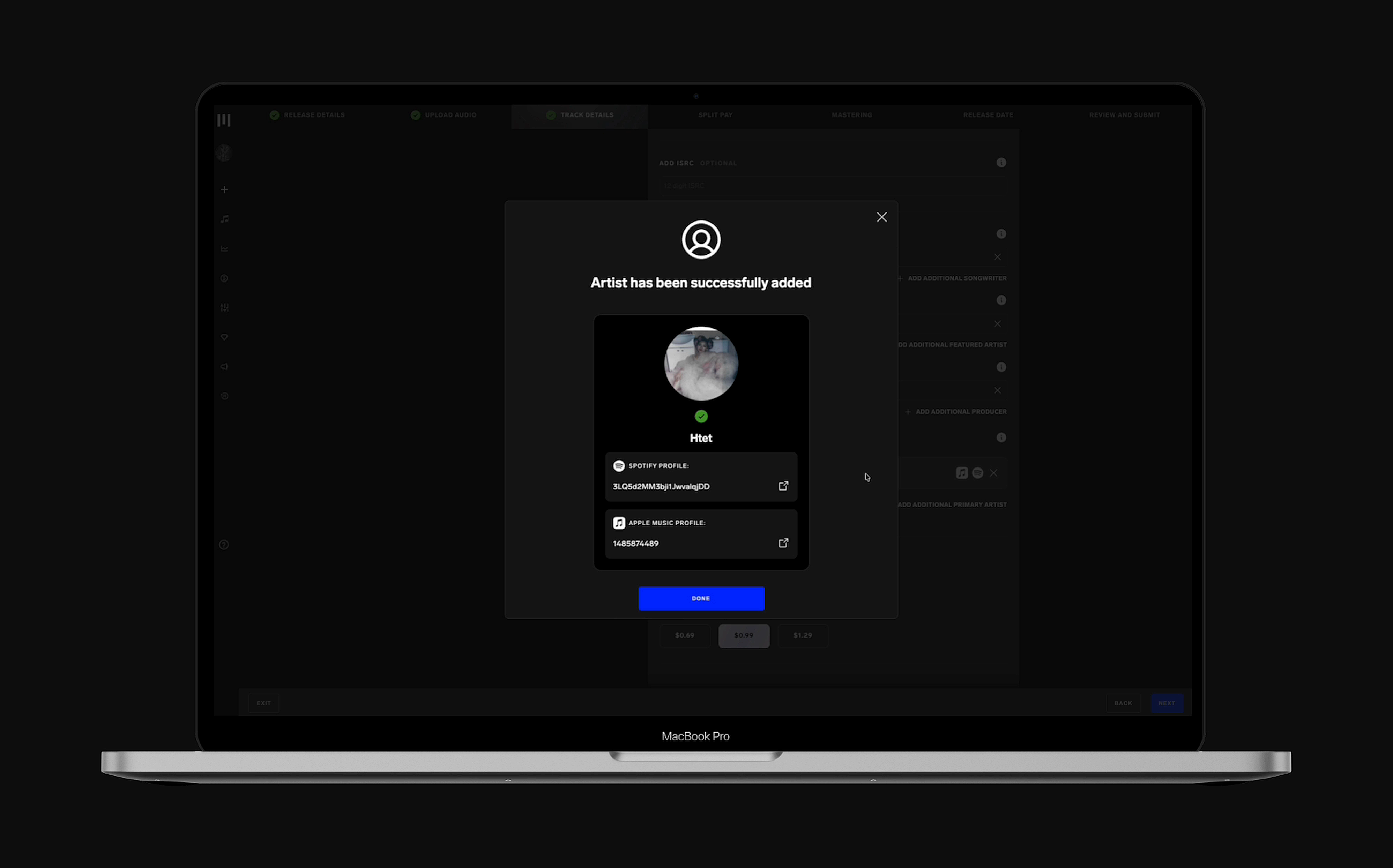 Artist successfully added confirmation showing linked Spotify and Apple Music profiles