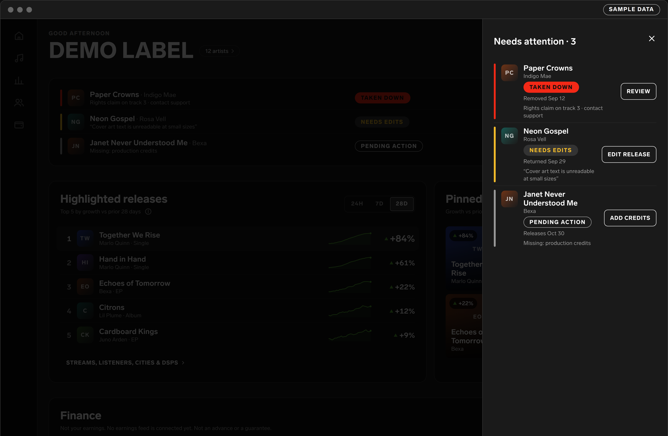 Needs attention drawer listing every release that needs a fix, worst first, each with its action