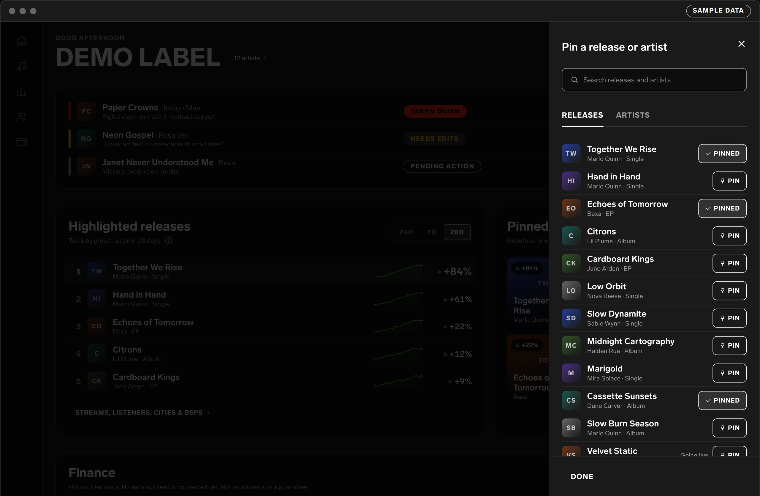 Pins drawer with search and Releases and Artists tabs, listing releases with pin and pinned buttons