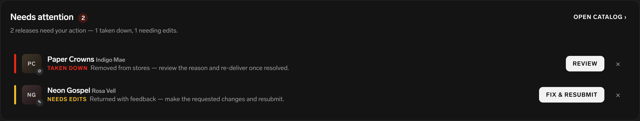 September: Needs attention as a list of two releases, each with an action button and a dismiss control