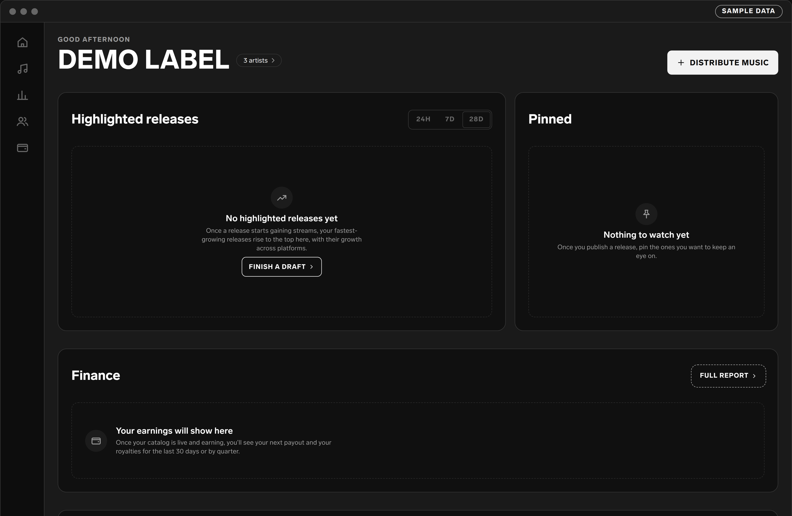 Empty state for a new label: each module points to the next step