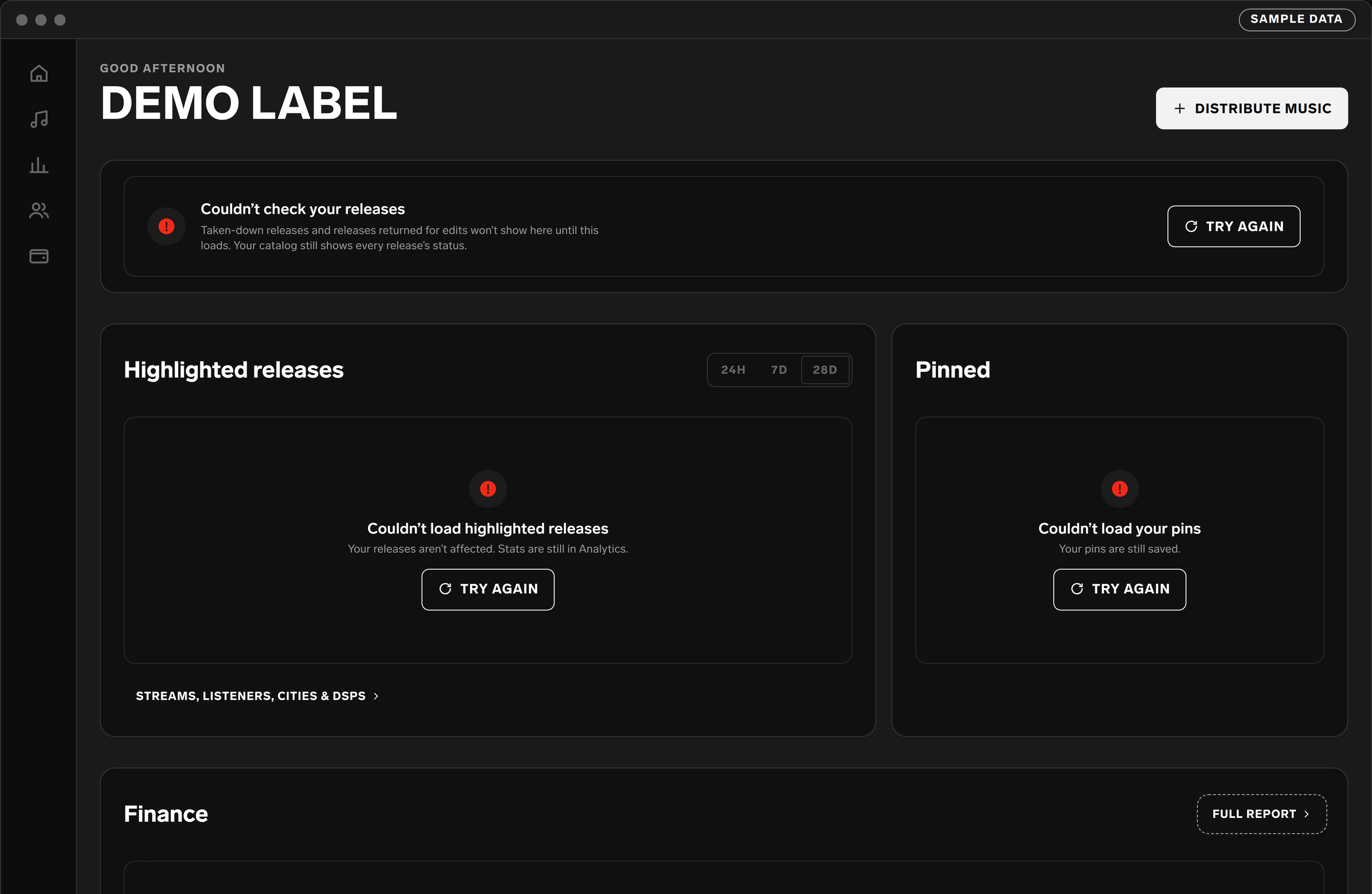 Error state: modules say what didn’t load and offer Try again, which reloads only that module