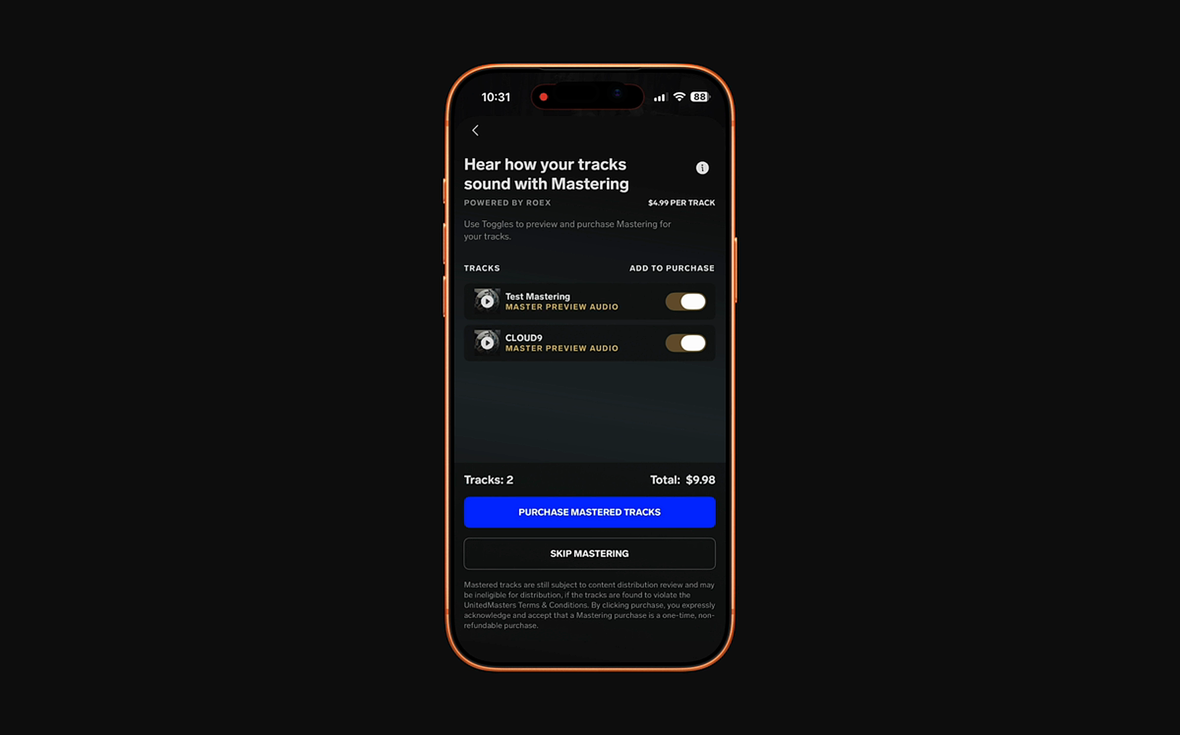 iOS mastering preview with toggles on, 2 tracks selected at $9.98 with purchase CTA