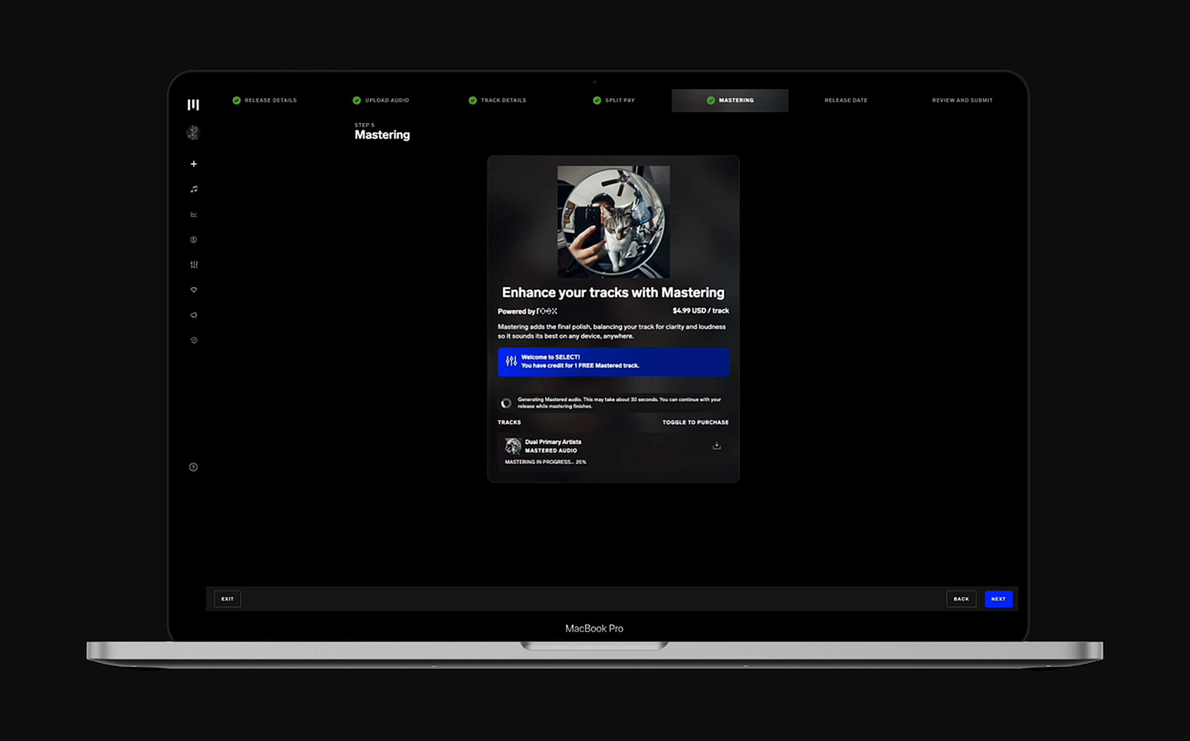 Web post-purchase mastering in progress at 25% with processing status