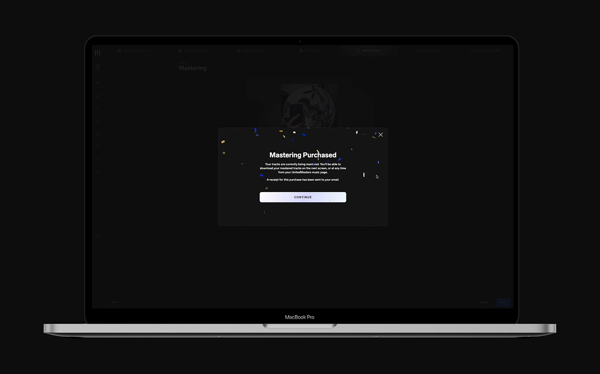 Web mastering purchased success modal with confetti celebration