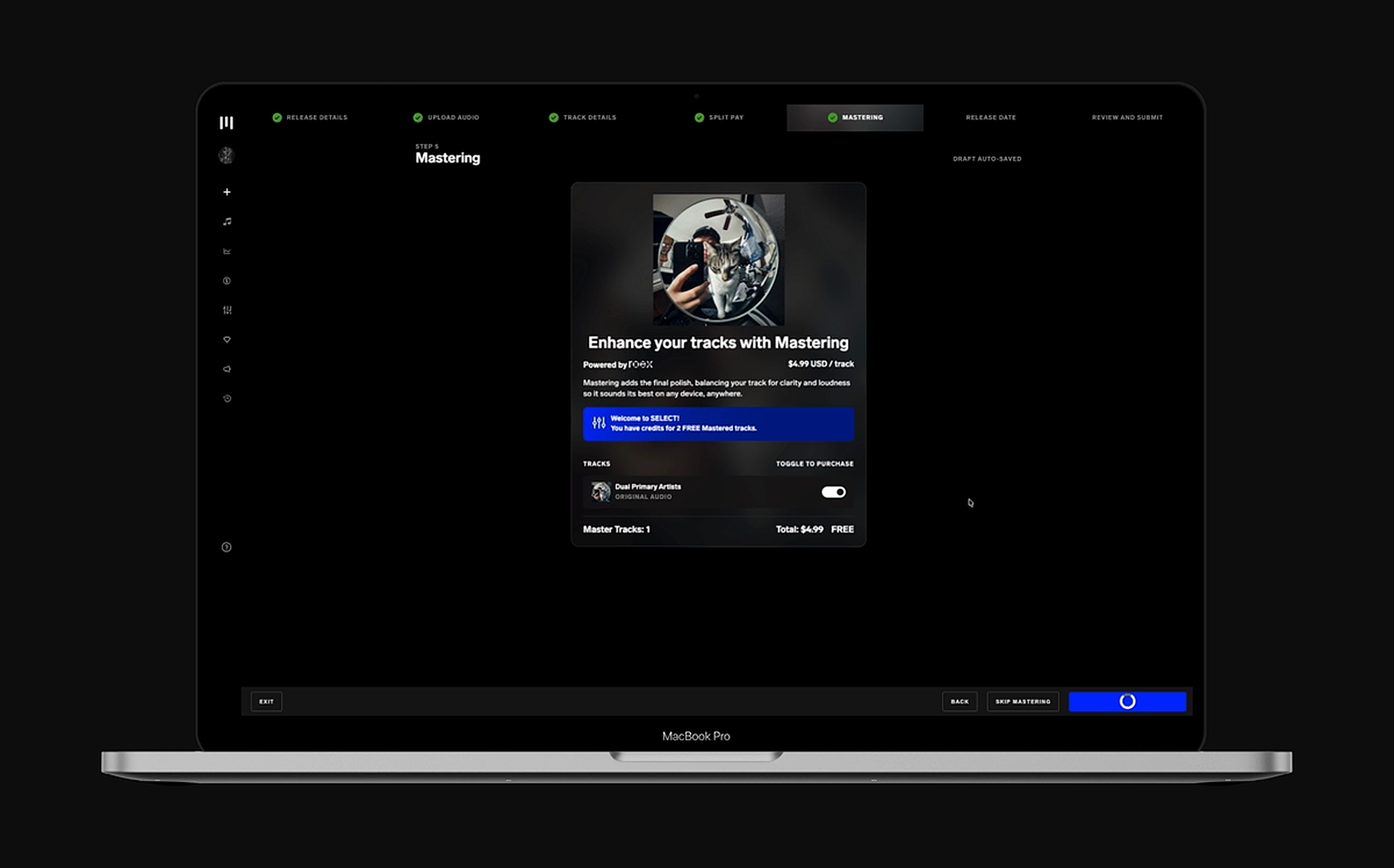 Web mastering step with track selected, toggle on, and GET FREE MASTERED TRACKS CTA