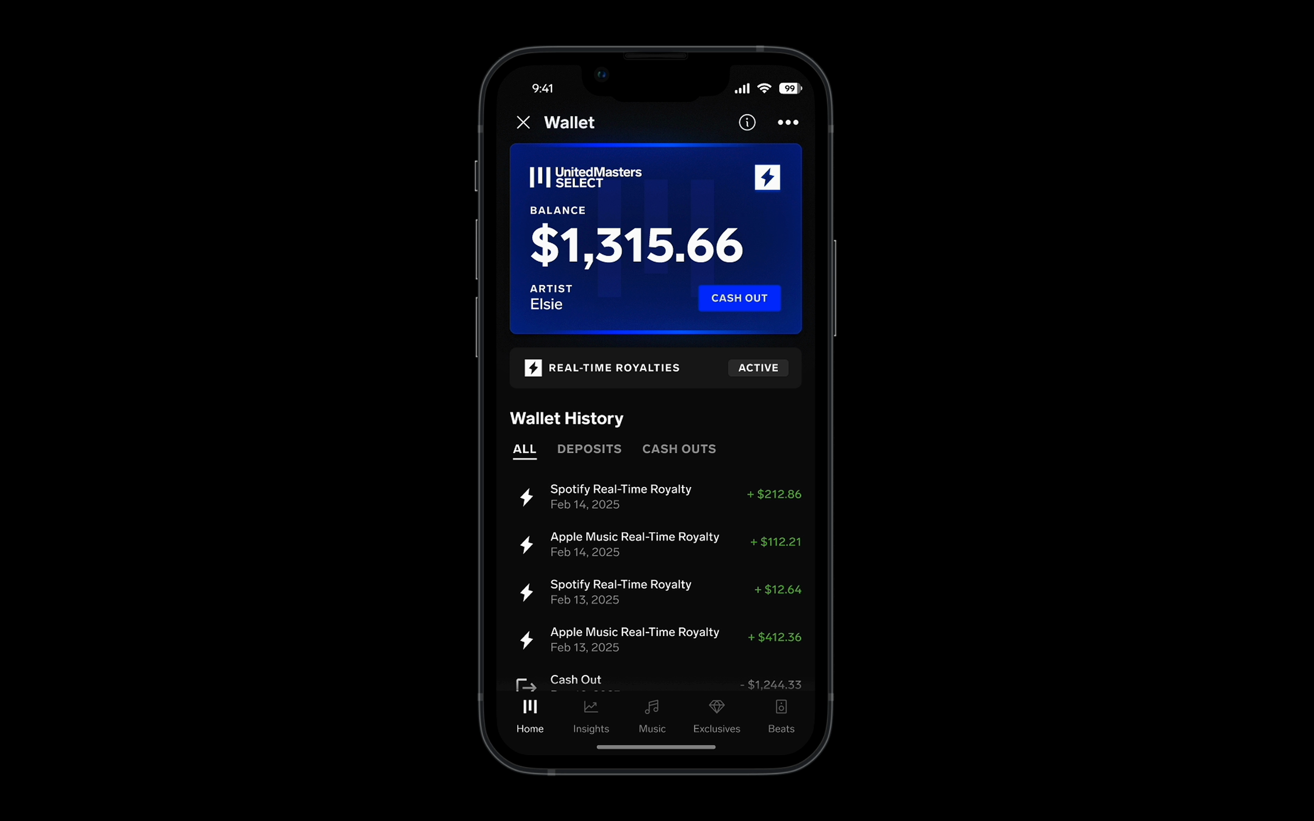 Wallet with RTR ACTIVE tab showing real-time transaction history from Spotify and Apple Music