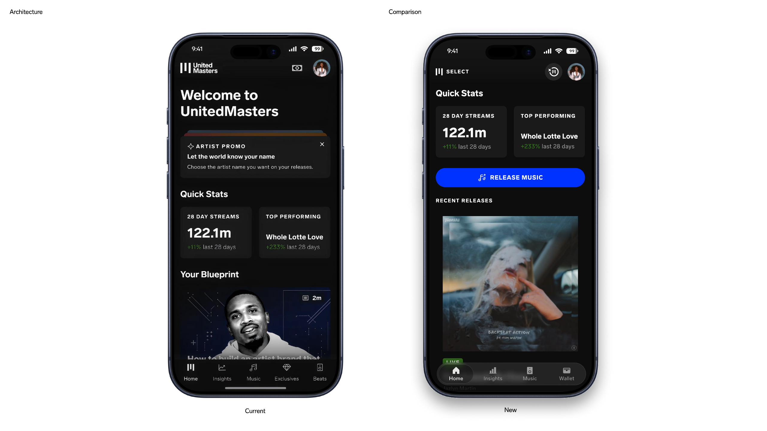 Current UnitedMasters home screen beside the App 3.0 redesign