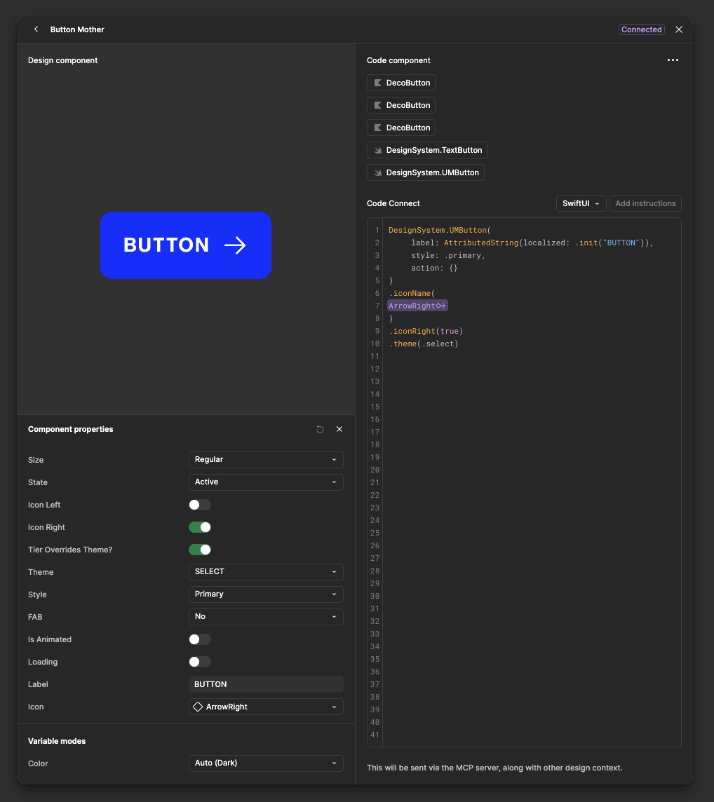 Figma Dev Mode inspecting a Button component and surfacing the production SwiftUI implementation via Code Connect