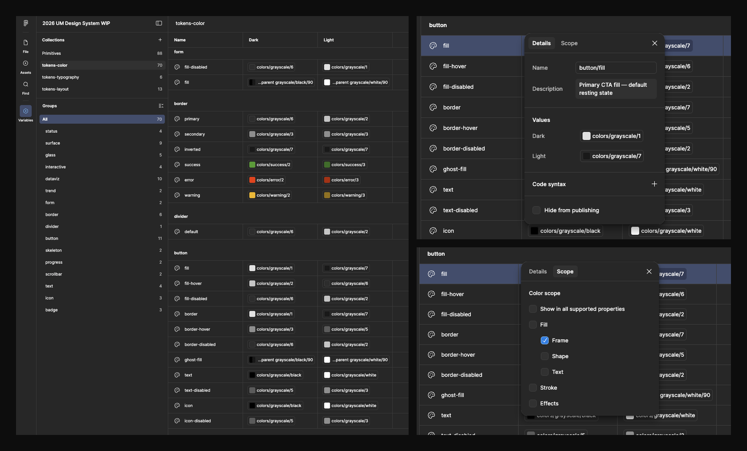 Figma Variables panel showing the token list, detail view with primitive references, and scope configuration